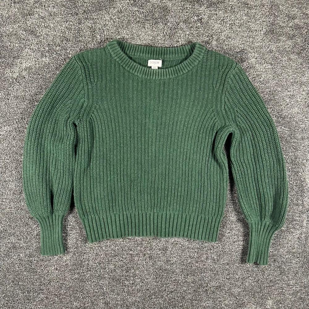 J.Crew Sweater Womens XS Green Ribbed Knit Cotton Puff Sleeve Crewneck Shaker